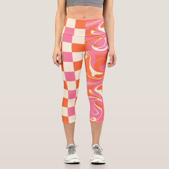 Leggings Capri Cheques y Swirls - rosa, Naranja y crema (Anverso)