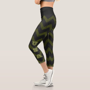 Leggings Capri Chevron verde verde del ejército gris oscuro Monog
