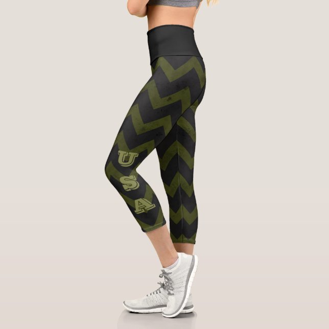 Leggings Capri Chevron verde verde del ejército gris oscuro Monog (Izquierda)