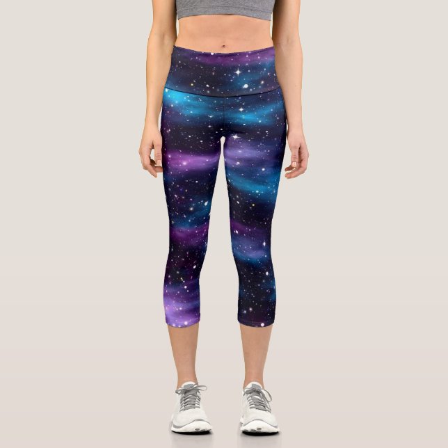 Leggings Capri Cielo estrellado galaxia azul y púrpura (Anverso)
