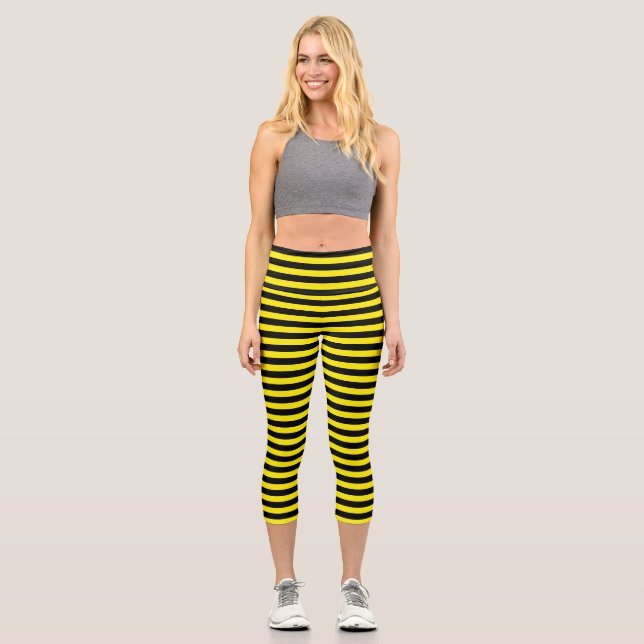 Leggings Capri Clásico moderno amarillo brillante y rayas negras (Anverso)