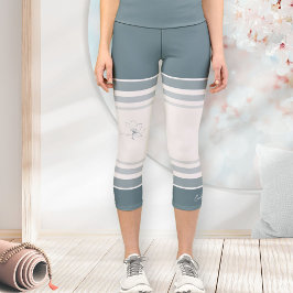Leggings Capri Coastal Blue Ivory Floral Line Art Athletic Stripe