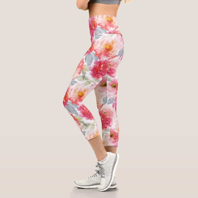 Leggings Capri Color de agua rosa Peony Flower Pattern (Izquierda)