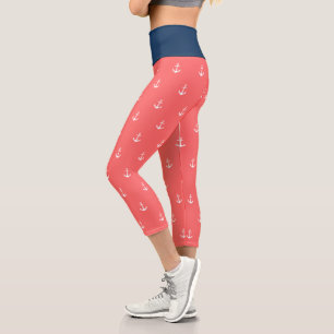 Leggings Capri Color de fondo Personalizado Anclaje blanco náuti