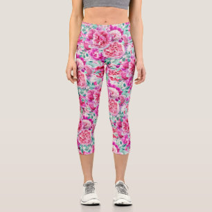 Leggings Capri Colores de agua de tonos rosas y hojas Verde azula