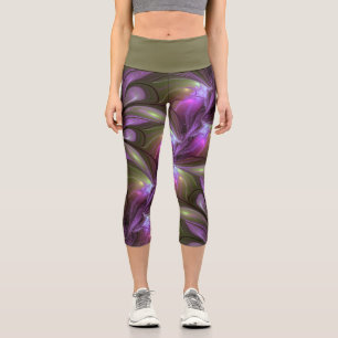 Leggings Capri Colorido Resumen Violeta Púrpura Khaki Arte Fracta