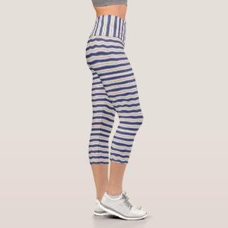 Leggings Capri Combinación de rayas azul y blanco onduladas