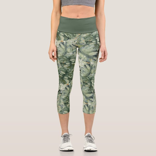Leggings Capri con patrón de hoja tropical (Anverso)