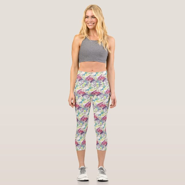 Leggings Capri concha rosa en la pintura acuática del mar (Anverso)