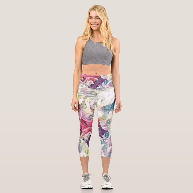 Leggings Capri concha rosa en la pintura acuática del mar (Anverso)