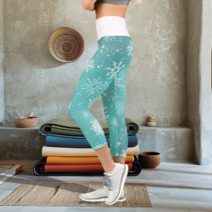 Leggings Capri Copos de nieve azules turquesa Patrón suave escarc