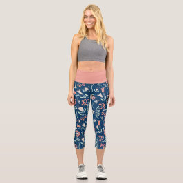 Leggings Capri Coral floral moderno, marina, verde mezquino