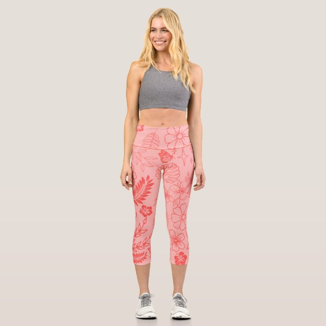 Leggings Capri Coral Red Tropical Floral Pattern  (Anverso)