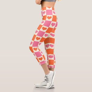 Leggings Capri Corazones de tablero de ajedrez en rosa, Naranja y