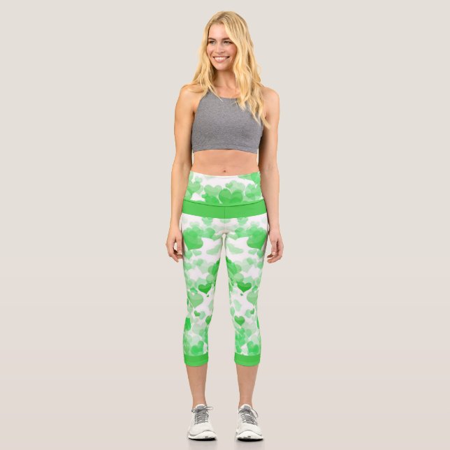 Leggings Capri Corazones flotantes en verde (Anverso)