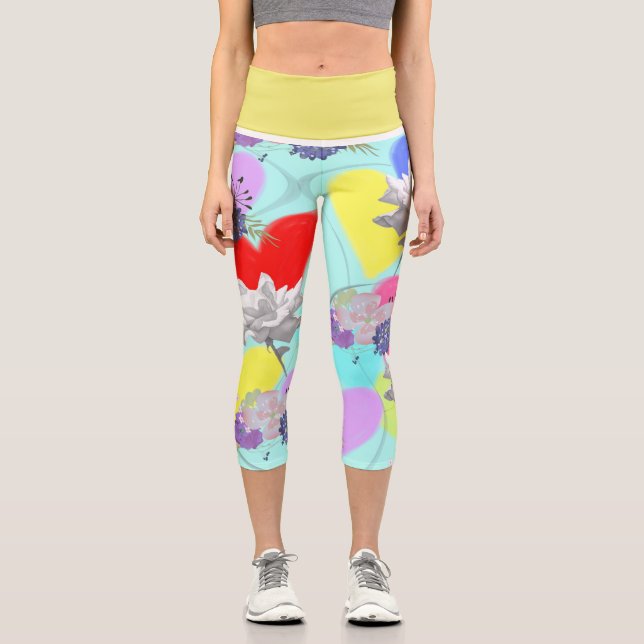 Leggings Capri Corazones y flores con fondo acuático (Anverso)