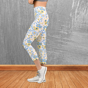 Leggings Capri Cornflower Blue Yellow Floral Pattern