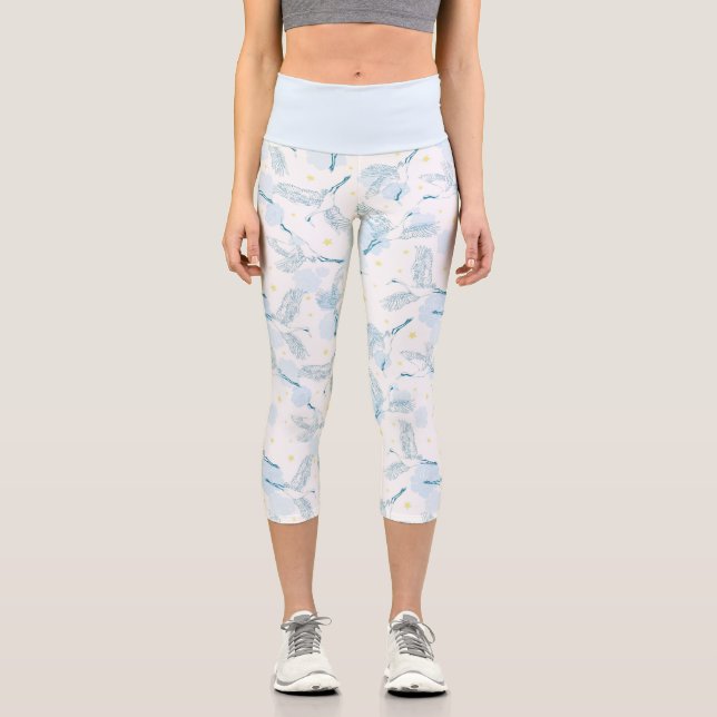 Leggings Capri Crane Birds Yellow Stars Blue White (Anverso)