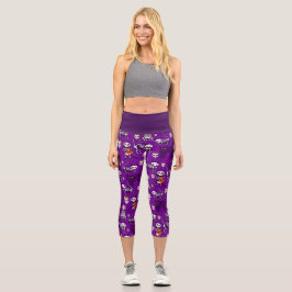 Leggings Capri cráneo de gato de halloween esqueleto morado