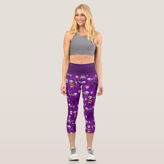 Leggings Capri cráneo de gato de halloween esqueleto morado (Anverso)