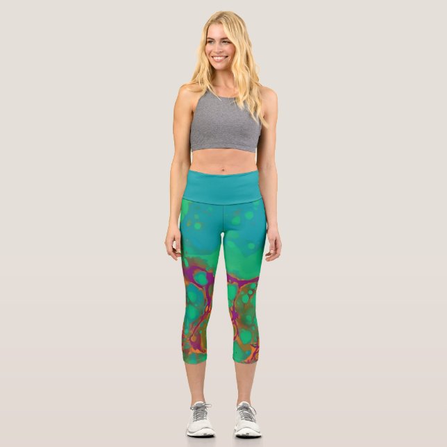 Leggings Capri Creek Vivid, Cyan, Mint Green, Rivulets Púrpura (Anverso)