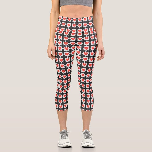 Leggings Capri Cross Shaped Checkered Pattern with Red Hearts (Anverso)