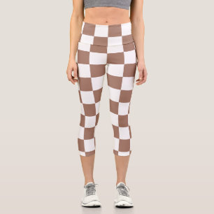 Leggings Capri Cuadrados de damero mocha marrón blanco geométrico