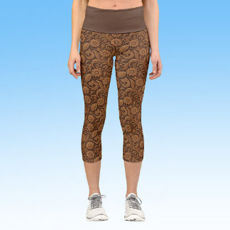 Leggings Capri Cuero Falso Vintage con Aspecto Labrado Floral