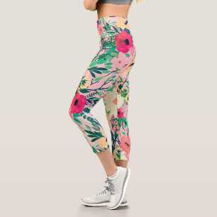 Leggings Capri Cuidada colorida acuarela Floral Diseño rosa