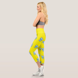 Leggings Capri Cuidado gatito azul rebote sobre amarillo