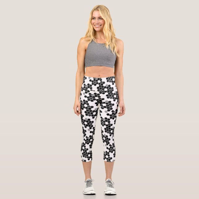 Leggings Capri Cuidados patrones de datos hexásicos blancos negro (Anverso)
