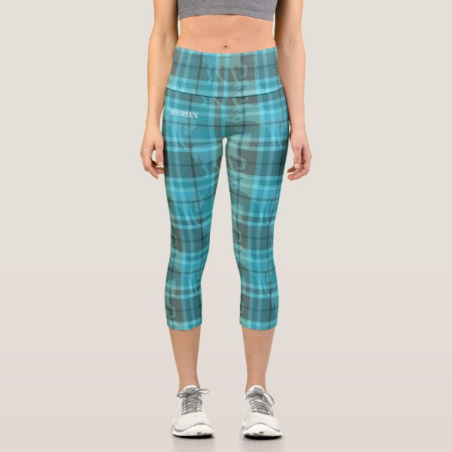 Leggings Capri Custom preppy aqua blue turquoise horse tartan  (Anverso)