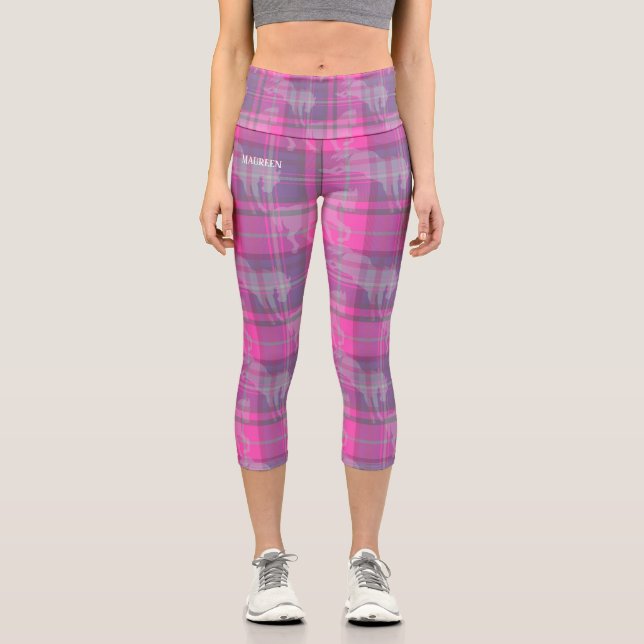 Leggings Capri Custom preppy pink purple horse tartan  (Anverso)