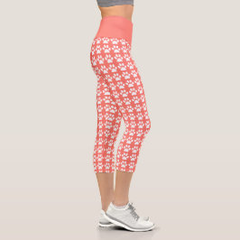 Leggings Capri Cute Paw Print Coral Blanco Patrón Trendy Fitness