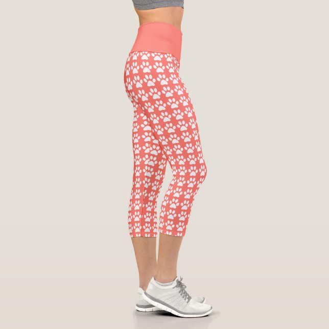 Leggings Capri Cute Paw Print Coral Blanco Patrón Trendy Fitness (Derecha)