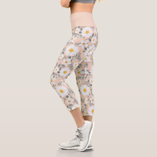 Leggings Capri Cuto De Engranaje Y Daisía Floral Blanca