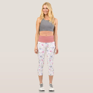 Leggings Capri Dainty Pink Purple Flowers Yoga Ejercicio