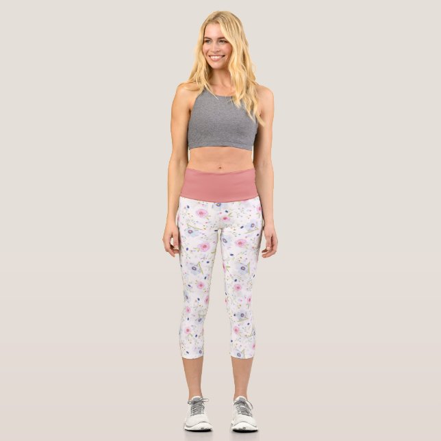 Leggings Capri Dainty Pink Purple Flowers Yoga Ejercicio (Anverso)