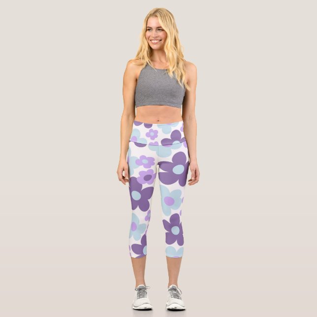 Leggings Capri Daisies Azules de Lavanda Púrpura Sueño Retro #1 # (Anverso)