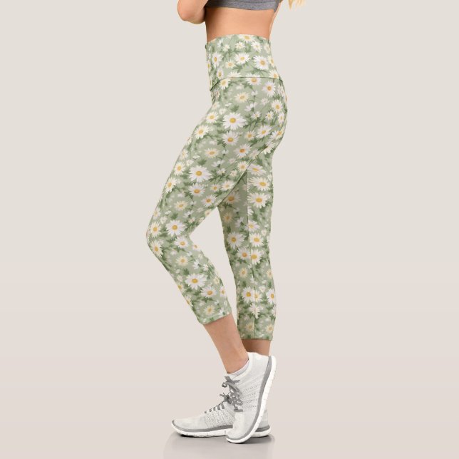 Leggings Capri Daisies Blancos Sobre El Verde Masaje (Izquierda)