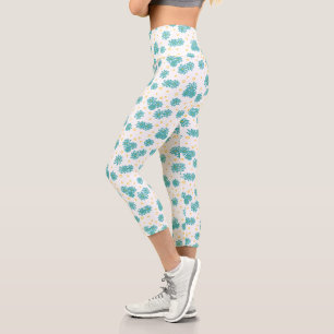Leggings Capri Daisies y puntos - turquesa y amarilla