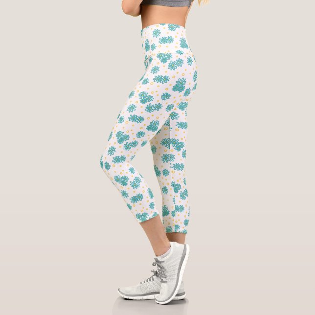 Leggings Capri Daisies y puntos - turquesa y amarilla (Izquierda)