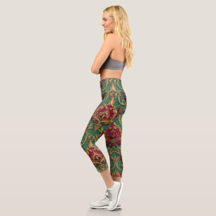 Leggings Capri Damasco barroco de Borgoña esmeralda