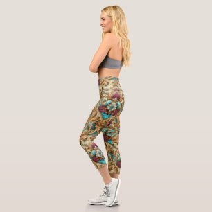 Leggings Capri Damasco Ornate Turquesa y Dorado