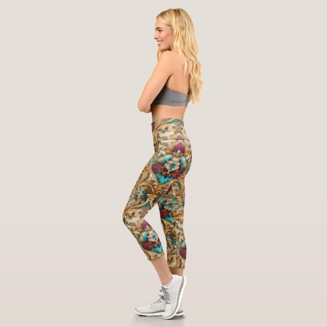 Leggings Capri Damasco Ornate Turquesa y Dorado (Izquierda)