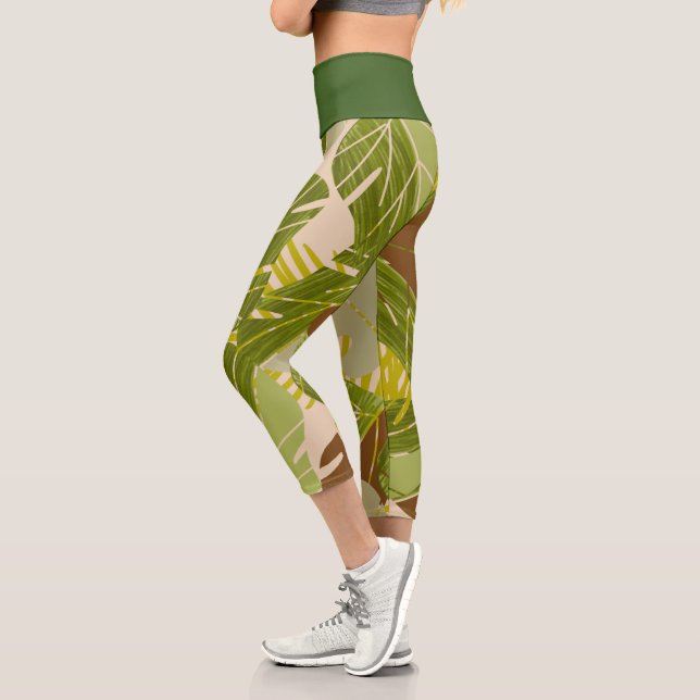 Leggings Capri de Verde de Hoja de Selva Tropical (Izquierda)