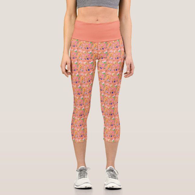 Leggings Capri Delicada huella de flores silvestres en naranja (Anverso)