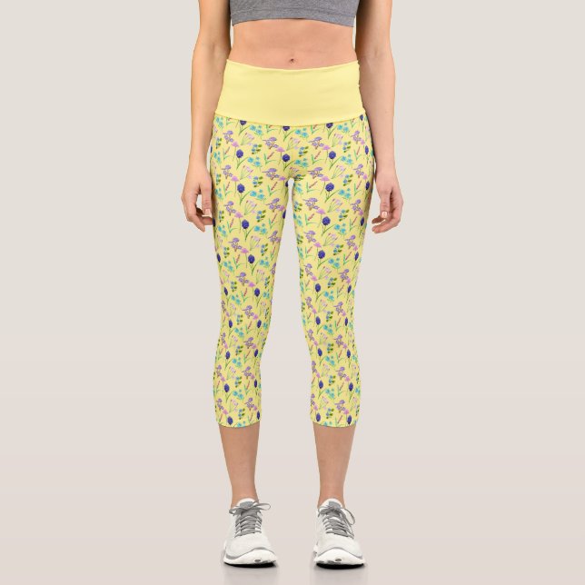 Leggings Capri Delicado estampado de flores silvestres en acuarel (Anverso)
