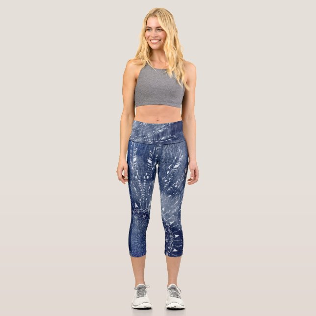 Leggings Capri Denim Blue & White Mandala Mix Design (Anverso)