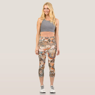 Leggings Capri Dibujo de flores de cerezo beige vintage